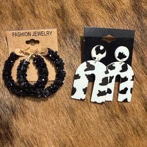 2 pairs of western cow print wood earring/ sparkle sequin hoop earrings